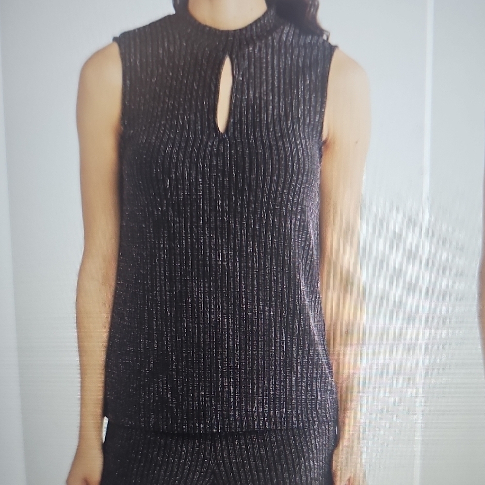 NWT ICHI Ribbed Metallic Sleeveless Knit Holiday Top Black Medium